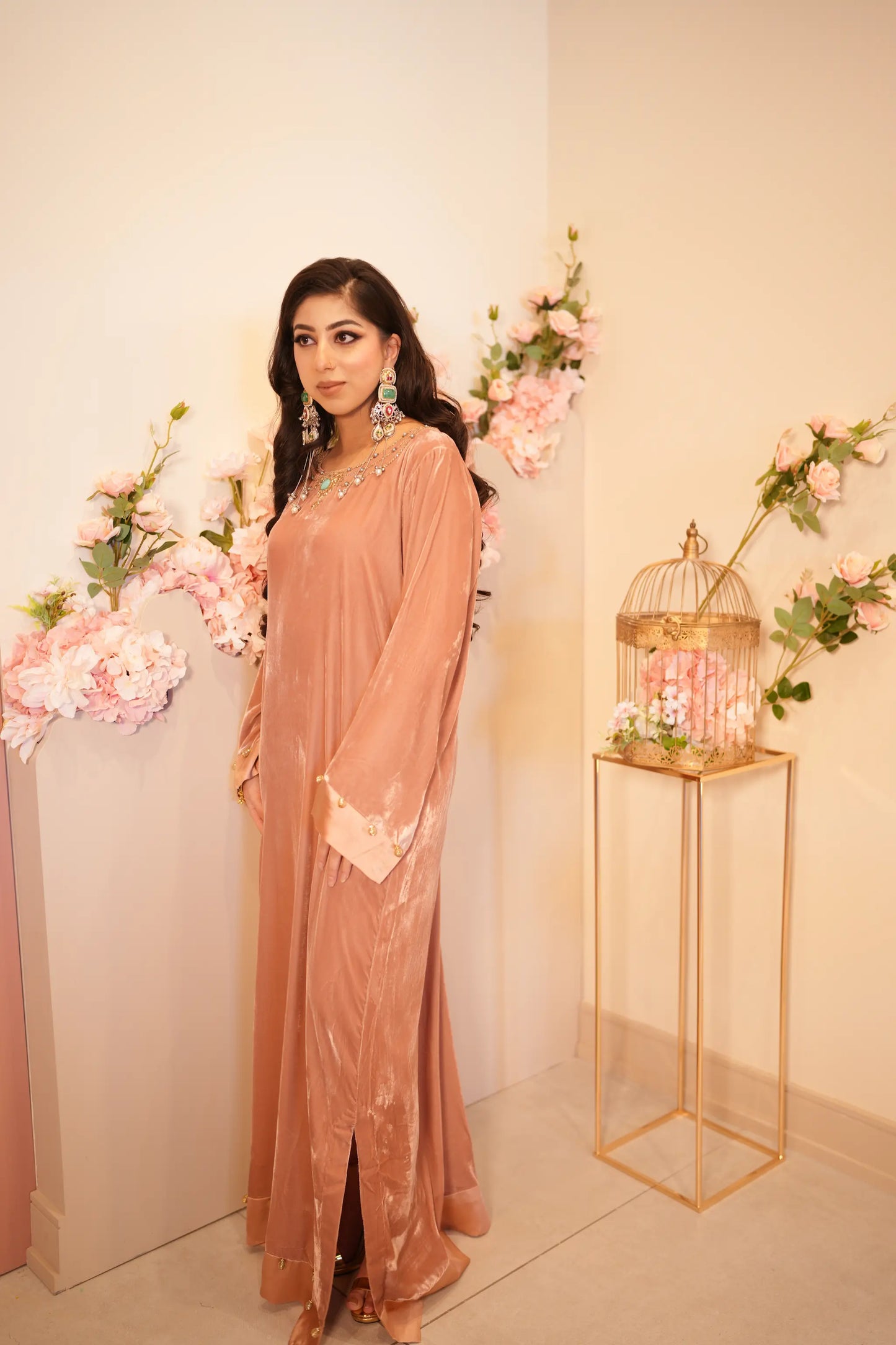 Baby pink velvet kaftan with turquoise embellishment