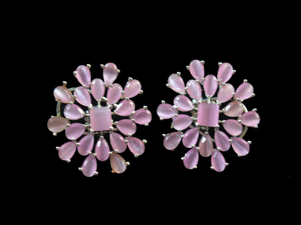 Pink Fleur Stud Earrings American Diamonds