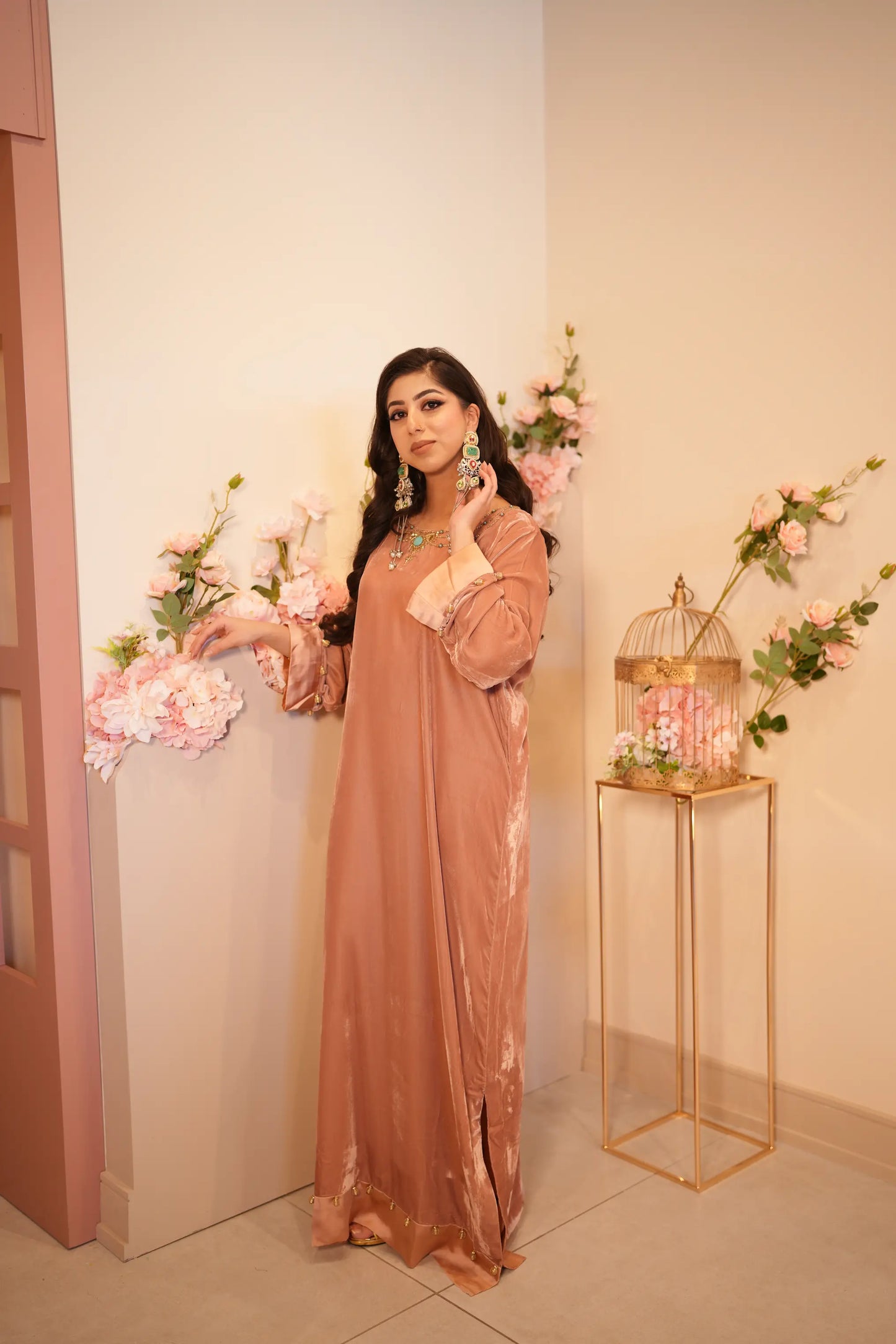 Baby pink velvet kaftan with turquoise embellishment