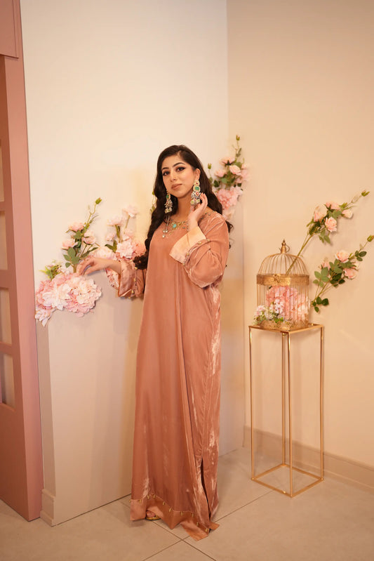 Baby pink velvet kaftan with turquoise embellishment