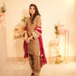 Beige 3 piece velvet suit with pink contrast dupatta and farshi shalwar