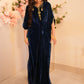 Navy blue velvet kaftan with V neckline cinched waist and embellishment