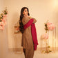 Beige 3 piece velvet suit with pink contrast dupatta and farshi shalwar
